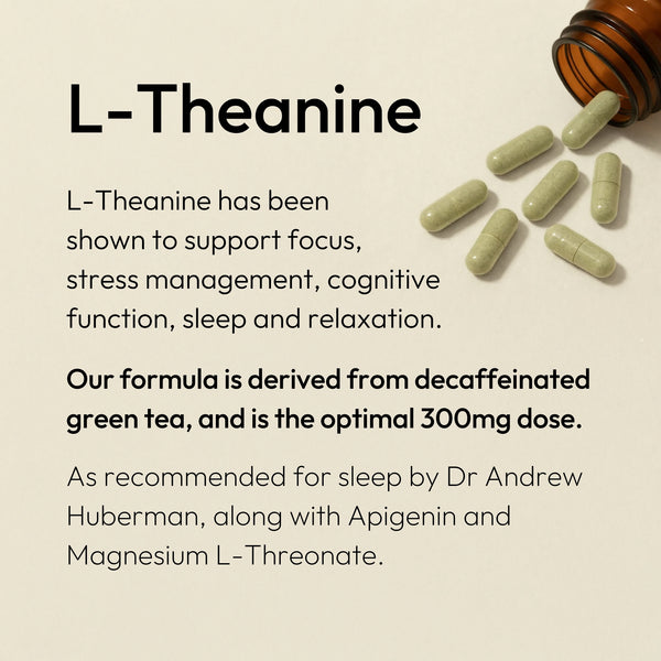 Green pills with an open brown bottle on a beige background, featuring text about L-Theanine.