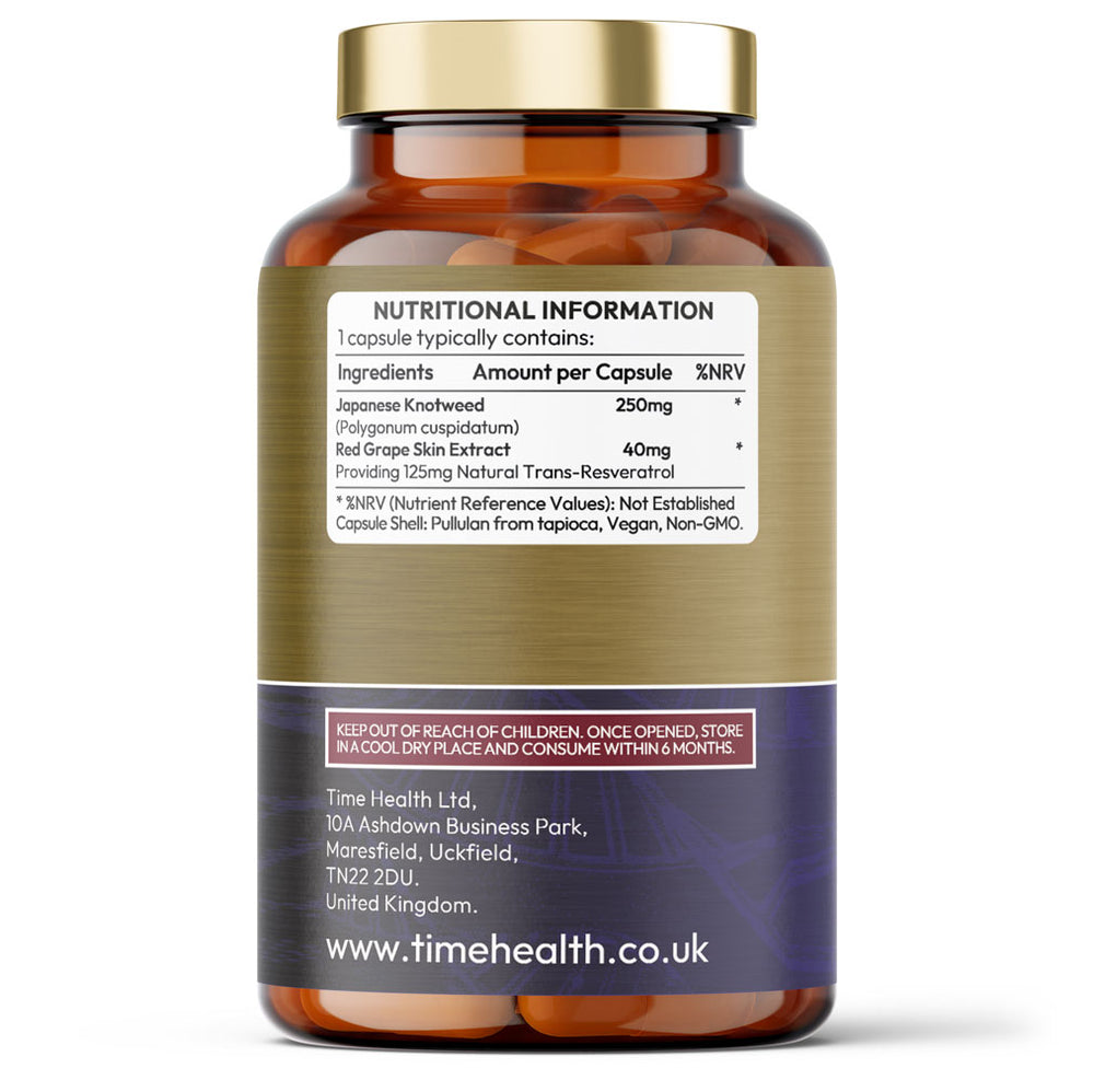 Trans Resveratrol - Premium Puredia - 180 Capsule Bottle - 3 Month Supply - Split Dosage for maximum benefits from Trans Resveratrol - UK Manufactured - Zero Additives Time Health