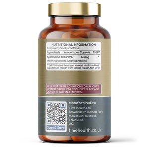 Renew - Spermidine - 6.5mg x 60 Capsules - 99% Purity Spermidine 3HCI - Promotes Autophagy - AMPK & SIRT1 Enzyme Activation - Gluten Free Time Health Bottle