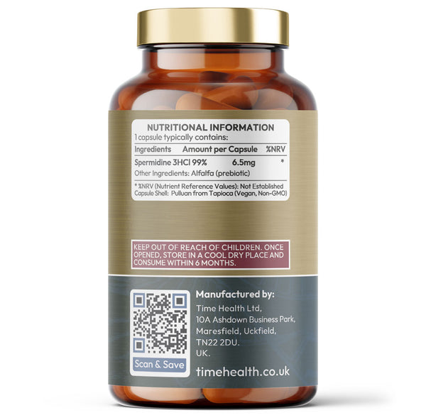 Renew - Spermidine - 6.5mg x 60 Capsules - 99% Purity Spermidine 3HCI - Promotes Autophagy - AMPK & SIRT1 Enzyme Activation - Gluten Free Time Health Bottle