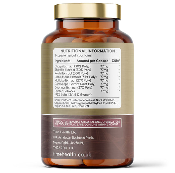 Bottle of Time Health's Organic Mushroom Complex 8 with nutritional information label on a white background
