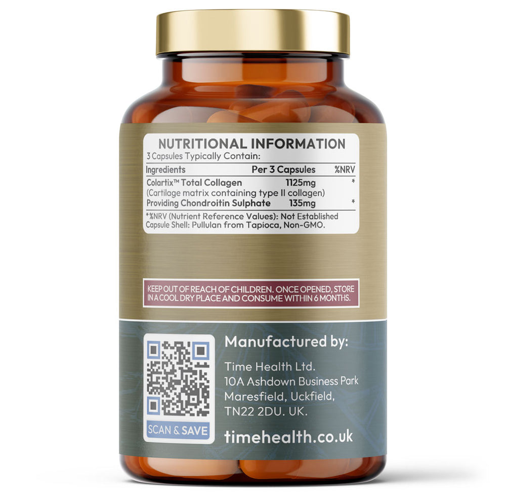 Bottle of Time Health Joint-Specific Collagen nutritional information on a white background