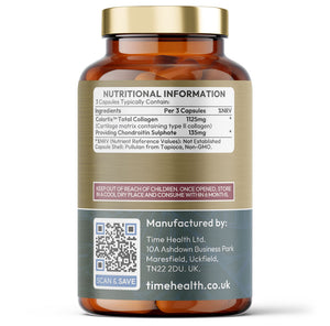 Bottle of Time Health Joint-Specific Collagen nutritional information on a white background