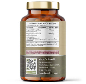 Bottle of Time Health Irish Sea Moss & Bladderwrack supplement with nutritional information label on a white background