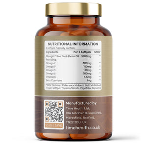 Time Health Sea Buckthorn supplement bottle with nutritional information label on a white background