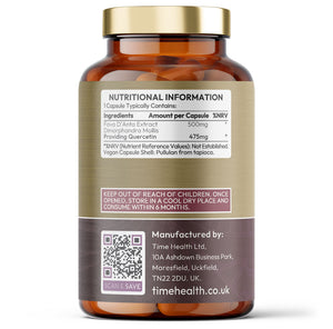 Bottle of Time Health's Quercetin, displaying it's nutritional information on a white background