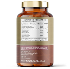 Eye Complex 7 – Eyebright, Lutein, Zeaxanthin, Meso-Zeaxanthin, New Zealand Blackcurrant, Bilberry, Goji – 120 Capsule Bottle Time Health