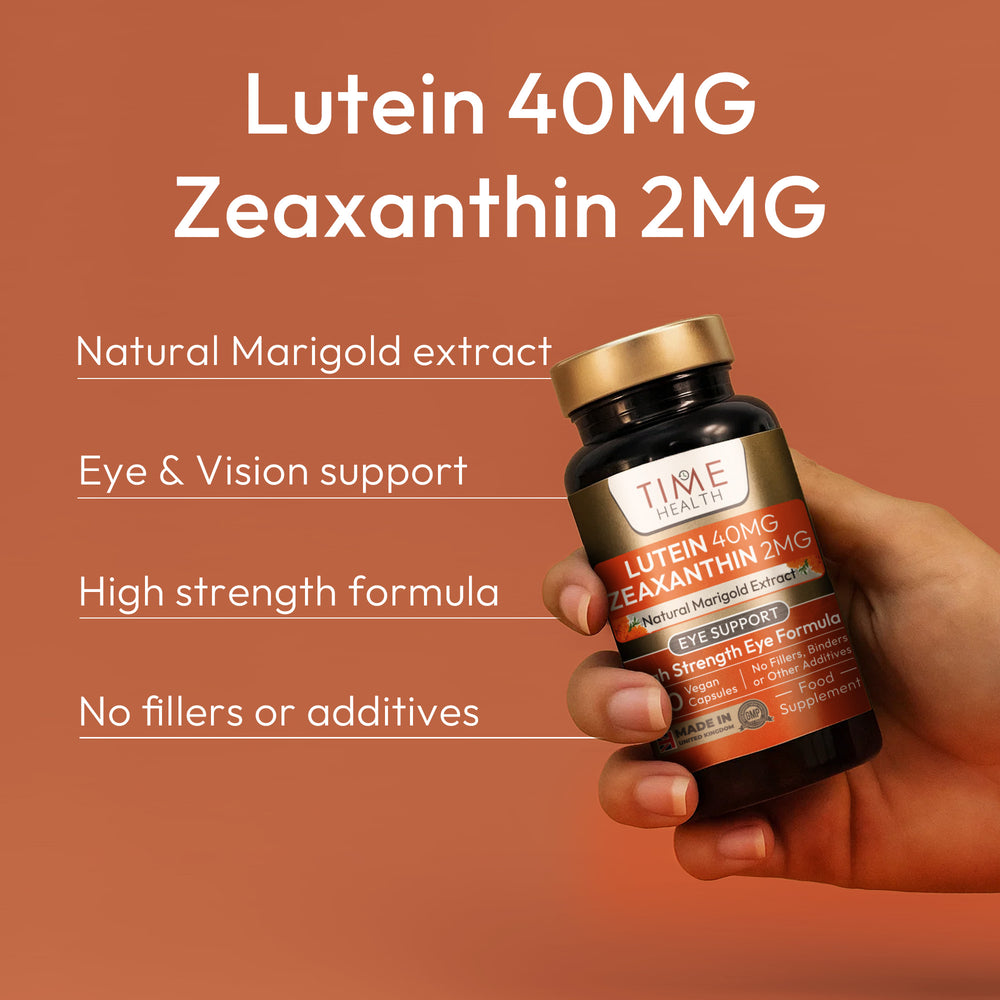 Hand holding a bottle of Time Health Lutein 40MG Zeaxanthin 2MG supplement with product details on an orange background. | Hover