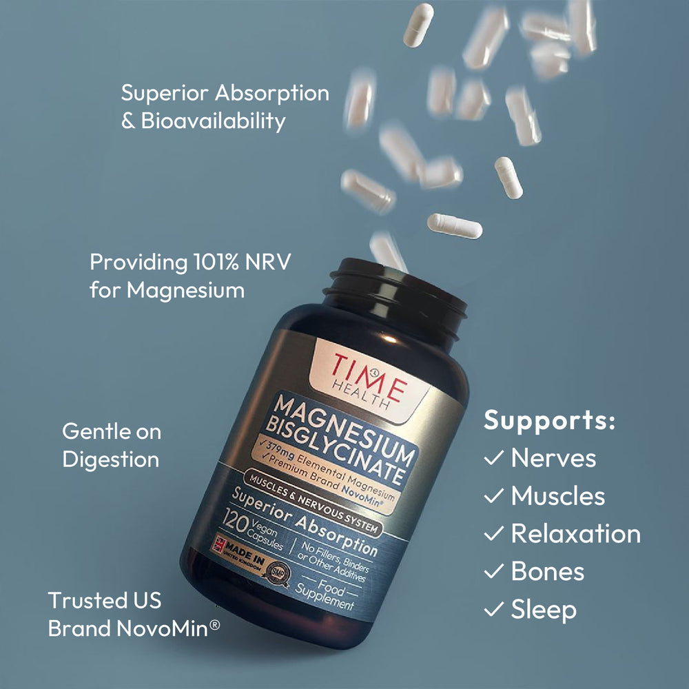 Magnesium Bisglycinate supports nerve health, bones, sleep, relaxation, muscles. Made with premium US brand NovoMin, gentle on Digestion, and provides 101% NRV of Magnesium | Hover