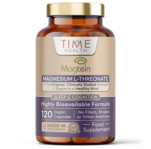 Bottle of Time Health Magtein Magnesium L-Threonate supplement on a white background