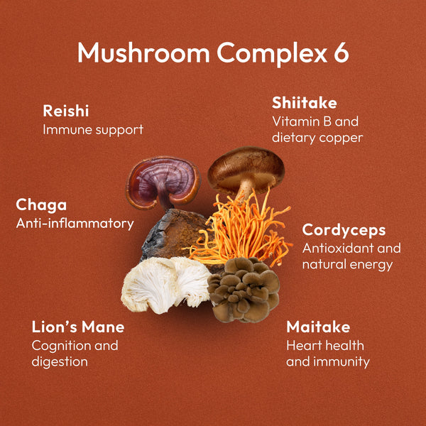 Time Health Mushroom Complex 6 Shiitake Reishi Chaga Lion's Mane Cordyceps Maitake | Hover