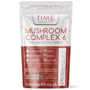 Time Health Mushroom Complex 6 supplement package on a white background