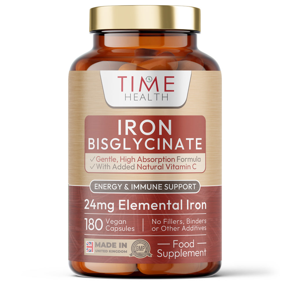 Time Health Iron Bisglycinate - High Strength 24mg Iron Plus Natural Vitamin C - Energy & Immune Support