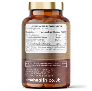 Time Health Iron Bisglycinate - High Strength 24mg Iron Plus Natural Vitamin C - Energy & Immune Support