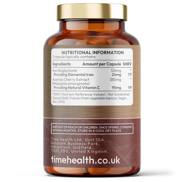 Time Health Iron Bisglycinate - High Strength 24mg Iron Plus Natural Vitamin C - Energy & Immune Support