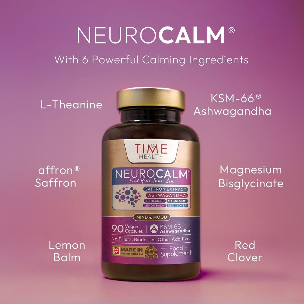 Product image of Time Health NeuroCalm® supplement bottle on a purple gradient background. Text highlights its six calming ingredients: KSM-66® Ashwagandha, affron® Saffron, L-Theanine, Magnesium Bisglycinate, Lemon Balm, and Red Clover. The bottle label states 