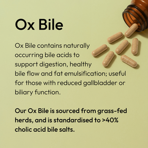 Ox Bile contains naturally
occurring bile acids to
support digestion, healthy
bile flow and fat emulsification; useful for those with reduced gallbladder or biliary function. 

Our Ox Bile is sourced from grass-fed herds, and is standardised to >40% cholic acid bile salts.