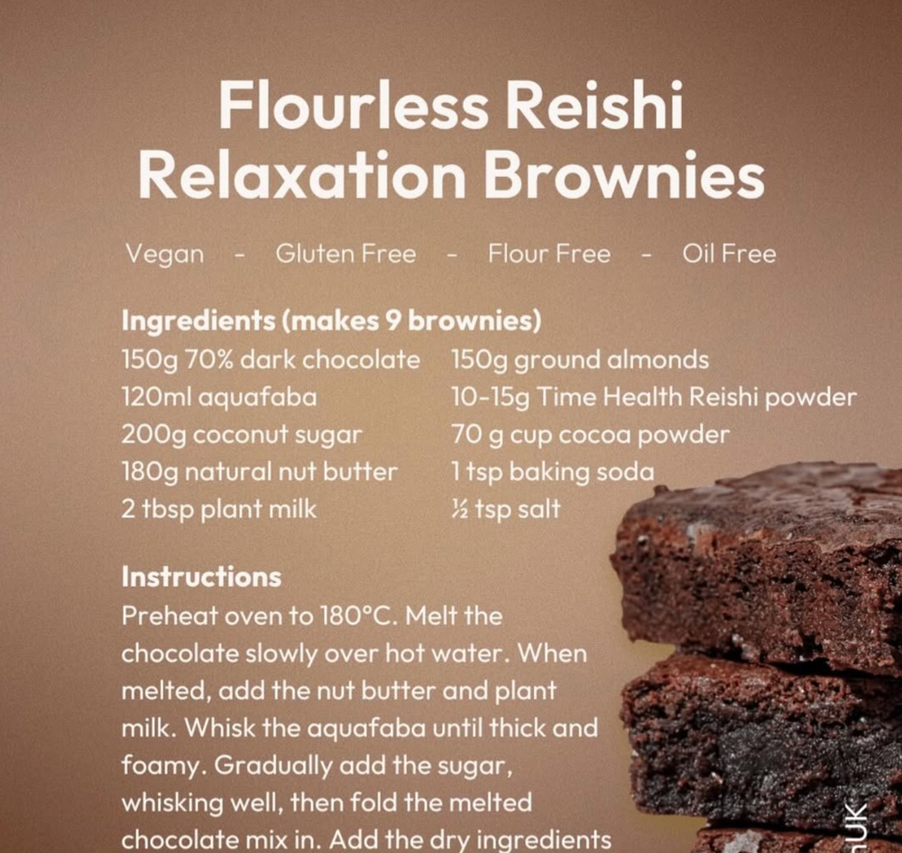 These rich, fudgy brownies are infused with super mushroom Reishi - an adaptogen that helps the body adapt to stress, supports the immune system, and promotes deep, restful sleep. Don’t exceed 2g of our reishi per day - that’s 1 to 1.5 brownies.