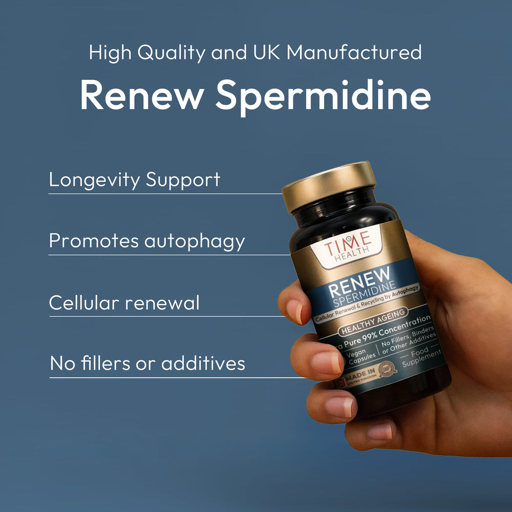 Hand holding a bottle of Time Health's Renew Spermidine with product details on a blue background | Hover