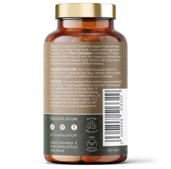 Time Health Zinc Complex - Picolinate, Bisglycinate & Citrate - General Wellbeing