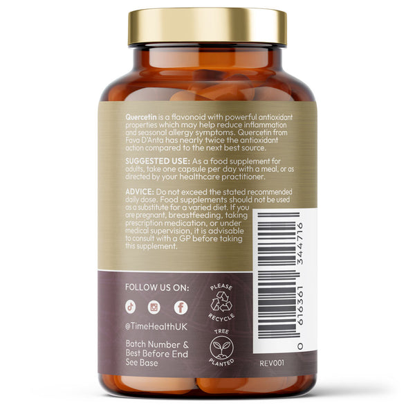 Bottle of Time Health's Quercetin, displaying a description of the product on a white background.