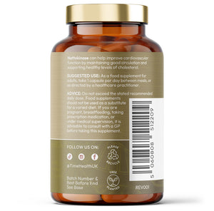 Back label of Time Health's Nattokinase  bottle with text and branding on a white background