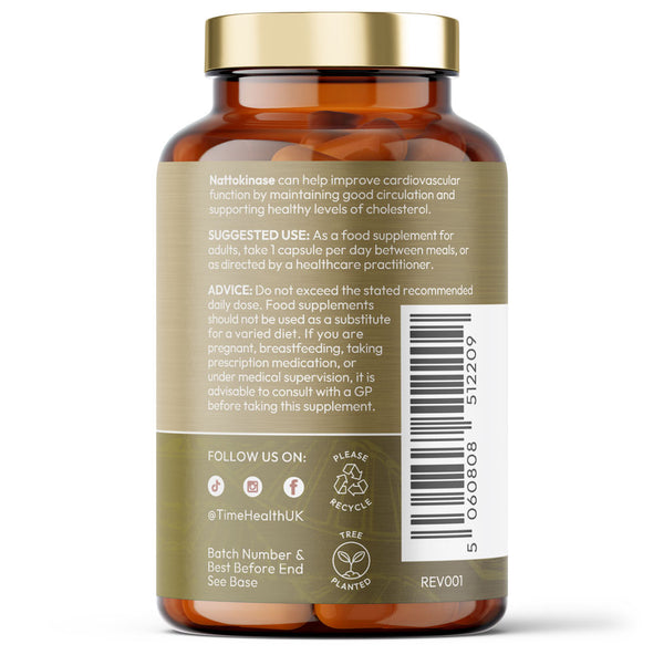 Back label of Time Health's Nattokinase  bottle with text and branding on a white background