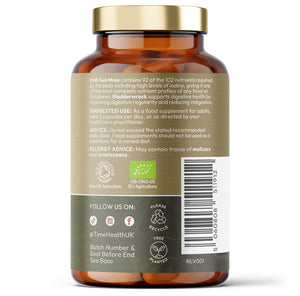 Bottle of Time Health Irish Sea Moss & Bladderwrack supplement with product information on a white background