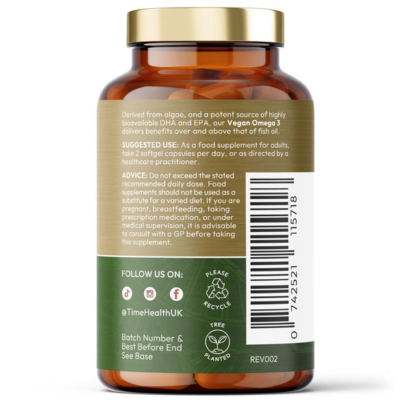 Vegan Omega 3 - EPA & DHA from Algae Oil - Carrageenan-Free - Sustainable Alternative to Fish Oil Time Health 120 Capsule Bottle