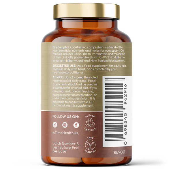 Eye Complex 7 – Eyebright, Lutein, Zeaxanthin, Meso-Zeaxanthin, New Zealand Blackcurrant, Bilberry, Goji – 120 Capsule Bottle Time Health