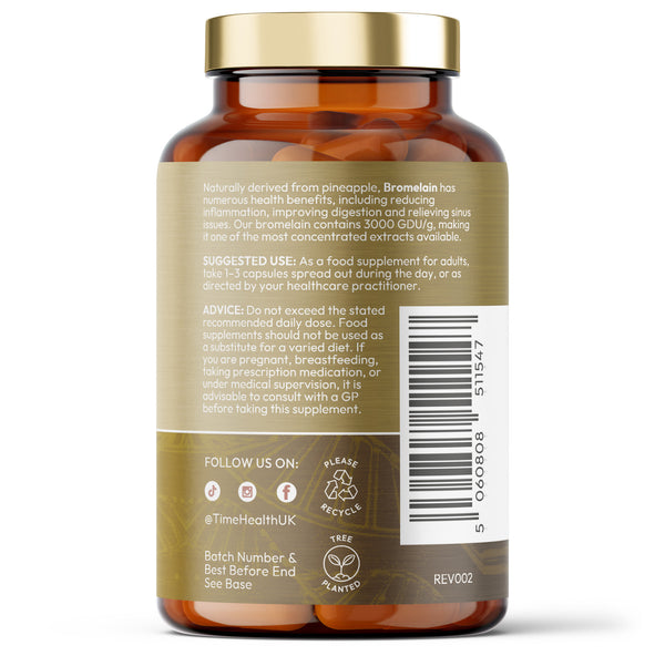Bromelain Capsules - High Strength 3000 GDU/g - 500mg per Capsule Bottle - Naturally Derived from Pineapple Time Health