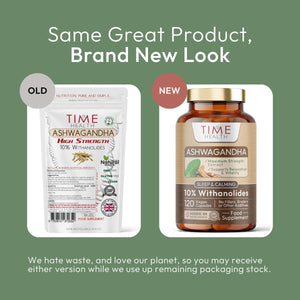 Comparison of old and new packaging for Time Health Ashwagandha supplement on a green background.