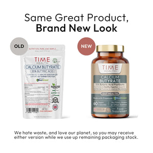 Comparison of old and new packaging for Time Health Calcium Butyrate supplement.