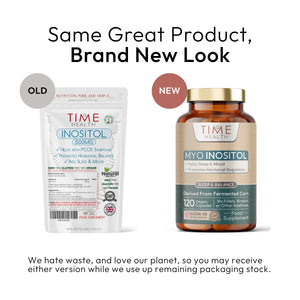 Comparison of Time Health Inositol supplement packaging, old and new versions, on a white background.