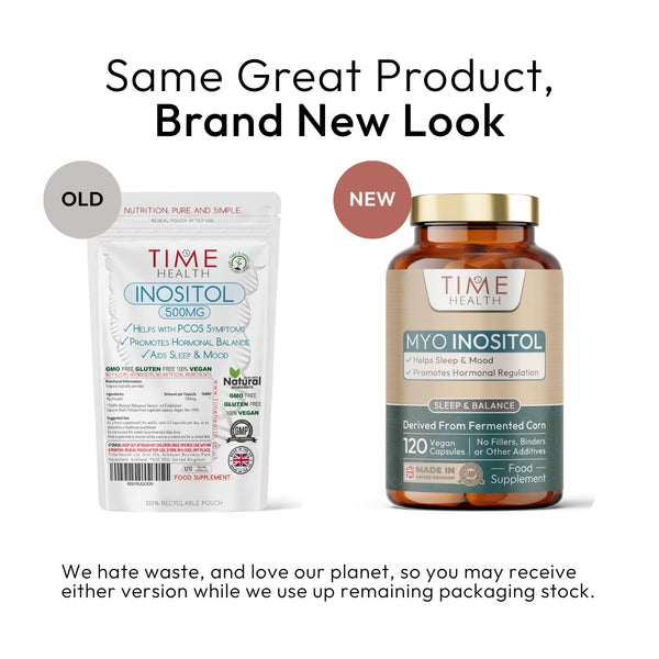 Comparison of Time Health Inositol supplement packaging, old and new versions, on a white background.