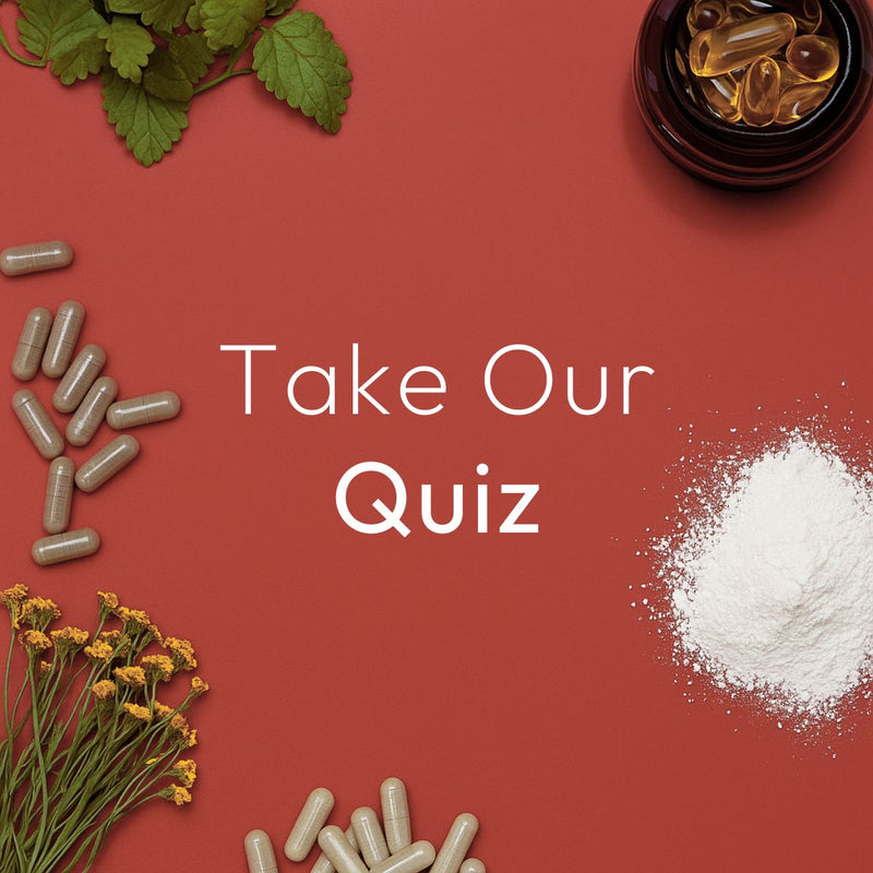 Supplements and herbs on a red background with 'Take Our Quiz' text.