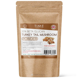 Package of Time Health Turkey Tail Mushroom Powder on a white background