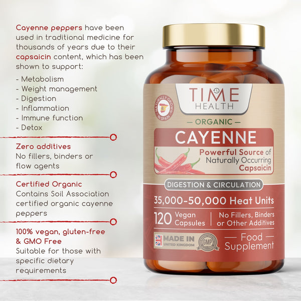 Organic Cayenne Pepper - 35,000-50,000 Heat Units - Digestion, Circulation & Inflammation Support - Spanish Source - 60 or 120 Capsules