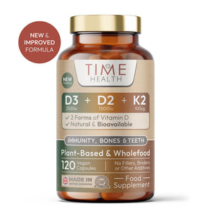 Time Health vitamin D2 D3 K2 High Strength - NEW FORMULA supplement bottle with gold cap on a white background