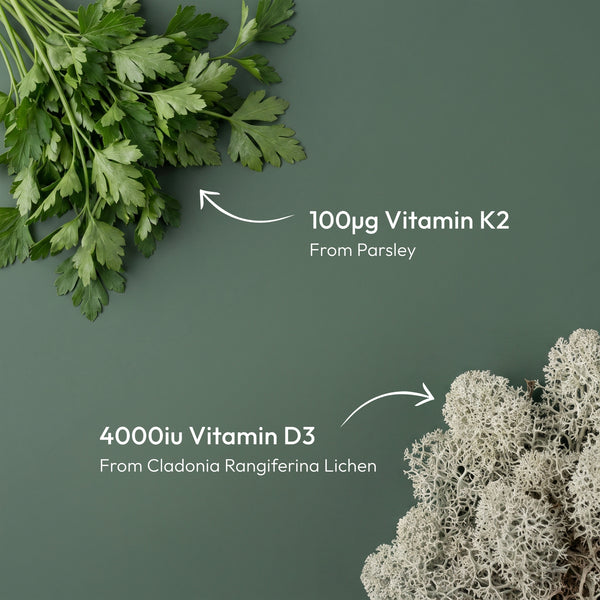HOVER - A dark green background with fresh parsley in the top-left corner and pale sea-lily lichen in the bottom-right corner, with white text reading '100Ωg Vitamin K2 From Parsley' and '4000iu Vitamin D3 From Cladonia Rangiferina Lichen' with arrows pointing to the ingredients.