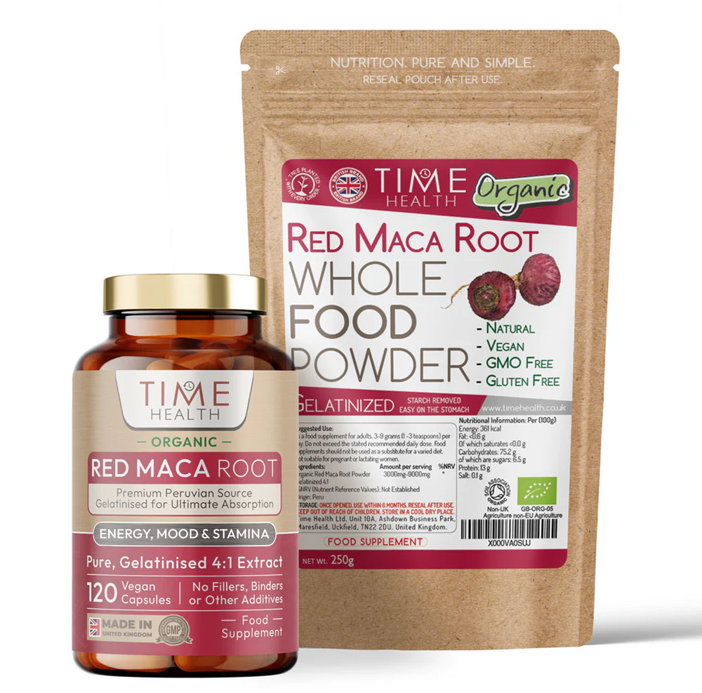 Time Health Red Maca Root supplement bottle and powder pack on a white background