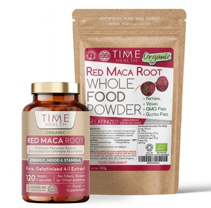 Time Health Red Maca Root supplement bottle and powder pack on a white background