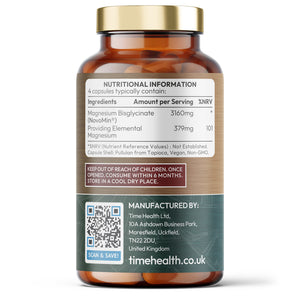 time health magnesium bisglycinate supplement bottle with nutritional information label on a white background