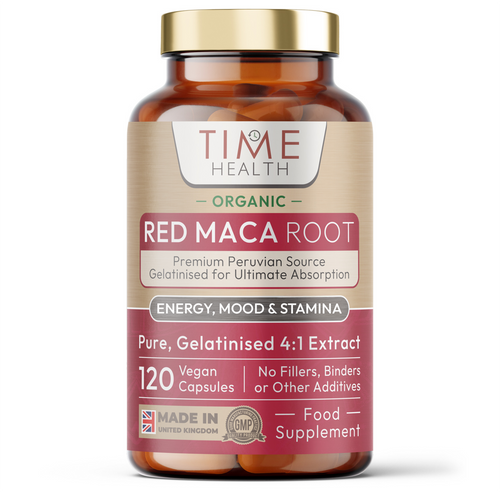 Bottle of Time Health Red Maca Root capsules on a white background