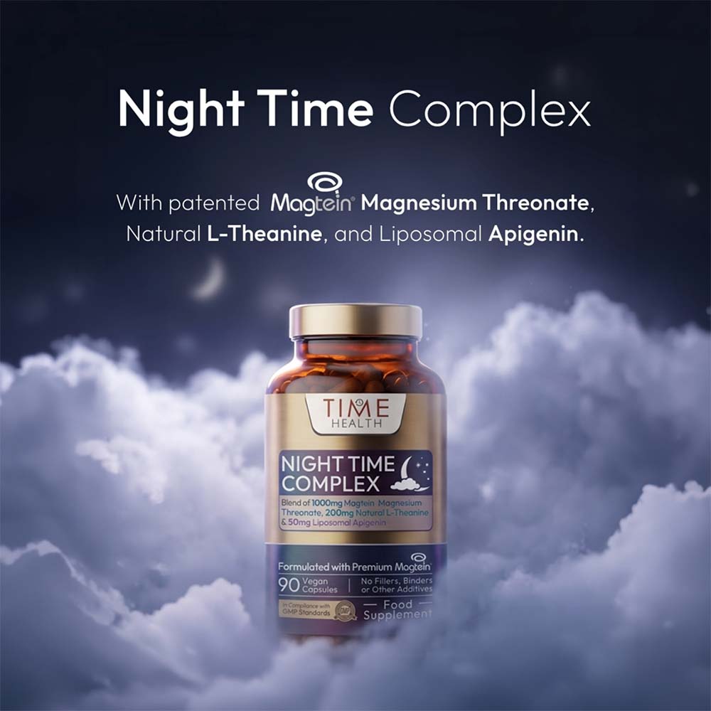 A good night's sleep doesn't begin when your head hits the pillow. It begins in the hours beforehand, as your brain and body gradually transition from a state of alertness into one of rest. That's why we developed Night Time Complex, bringing together three of the most talked-about ingredients in sleep and neuroscience research: Magtein® Magnesium L-Threonate: a patented form of magnesium developed to increase brain magnesium levels, and its role in cognitive function and sleep quality. L-Theanine: a naturally occurring amino acid found in green tea, widely studied for its ability to promote a calm, relaxed focus state, without causing drowsiness or jitteriness. Liposomal Apigenin: a plant flavonoid that has attracted increasing interest following discussions by @hubermanlab- neuroscientist Andrew Huberman - with emerging research investigating its role in relaxation and healthy sleep.
