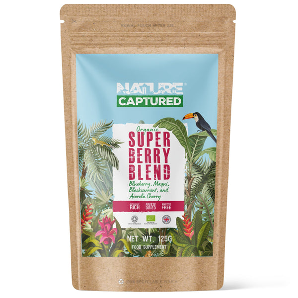 Organic Super Berry Blend - Freeze-Dried Blueberry, Blackcurrant, Acerola Cherry & Maqui- 125g Powder - Nature Captured - Organic Berry Powder