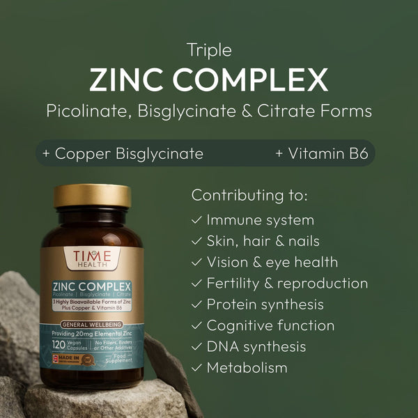 Bottle of Time Health Zinc Complex supplement with product details on a green background