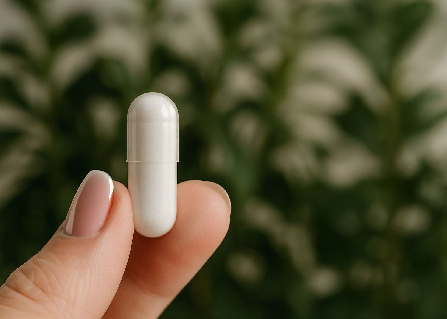Hand holding a white capsule with a blurred green plant background