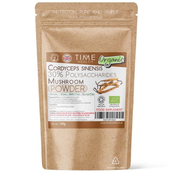 brown kraft pouch with vegan organic, gluten free cordyceps sinensis powder