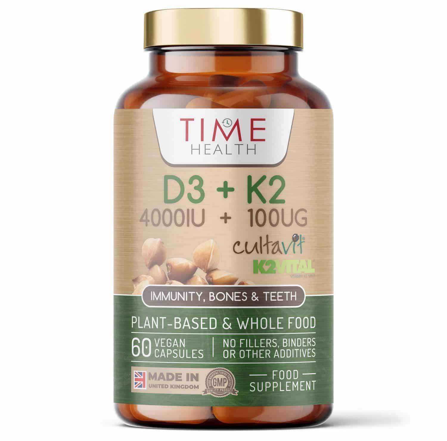 Vitamin D3 (4000IU) + K2 (100UG) - High Strength - Natural, Whole Food &  Plant-Based - CULTAVIT® D3 (Cholecalciferol) - K2VITAL® K2 MK-7 - Time  Health